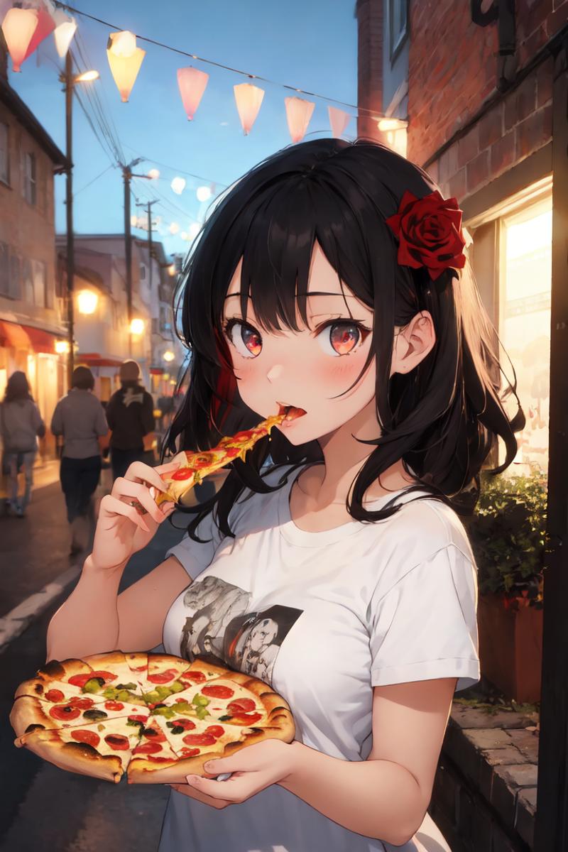 2497346-3079027011-masterpiece, best quality, absurdres, perfect anatomy, 1girl, solo, HairRose, red rose, multicolored hair, t-shirt, eating, tabl.png